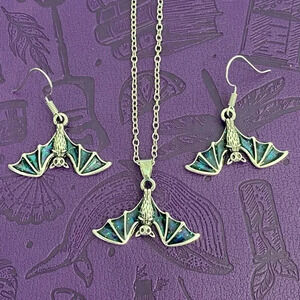 Stainless Steel Bat Halloween Necklace Earring Set New